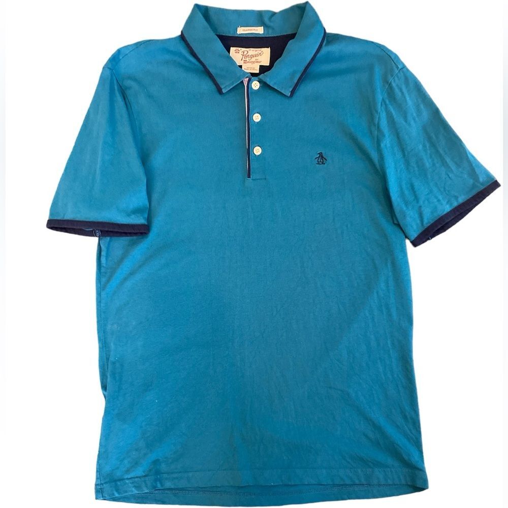 Penguin Classic Fit SS Polo Men’s Size Medium Teal/Navy Combo 100% Cotton
